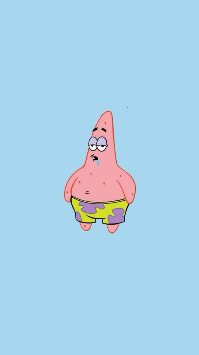 Patrick 桌布 壁紙 — 一個卡通海星角色，眼睛疲憊，流著口水，無力地掛在純淺藍色背景上。
