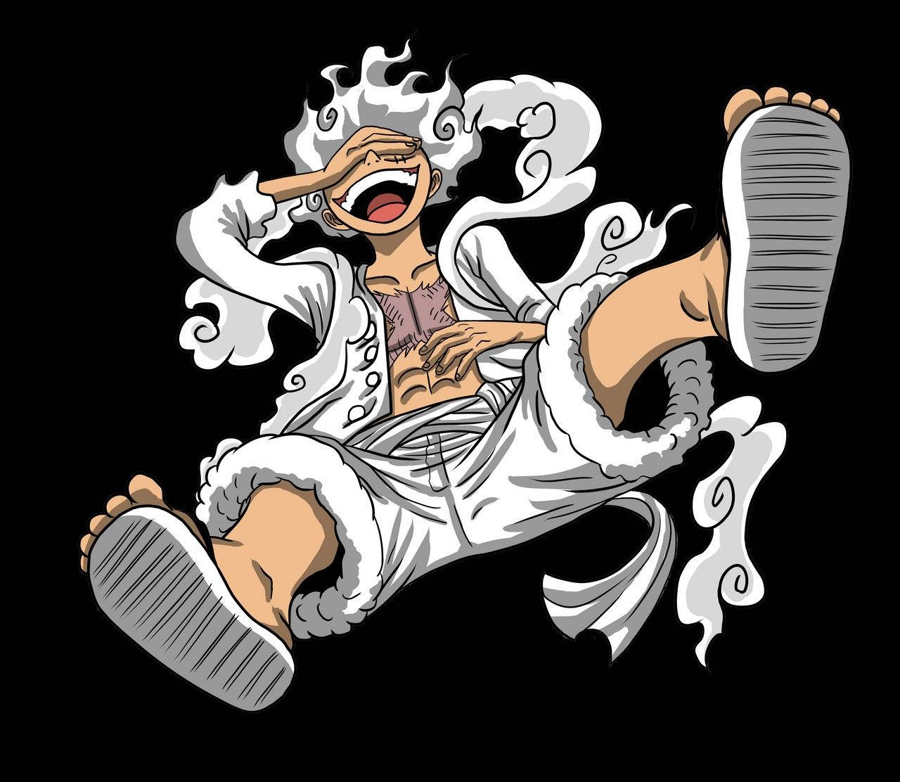Luffy 桌布 壁紙 — 一個卡通海盜在黑色背景前，煙霧圍繞著他狂笑。