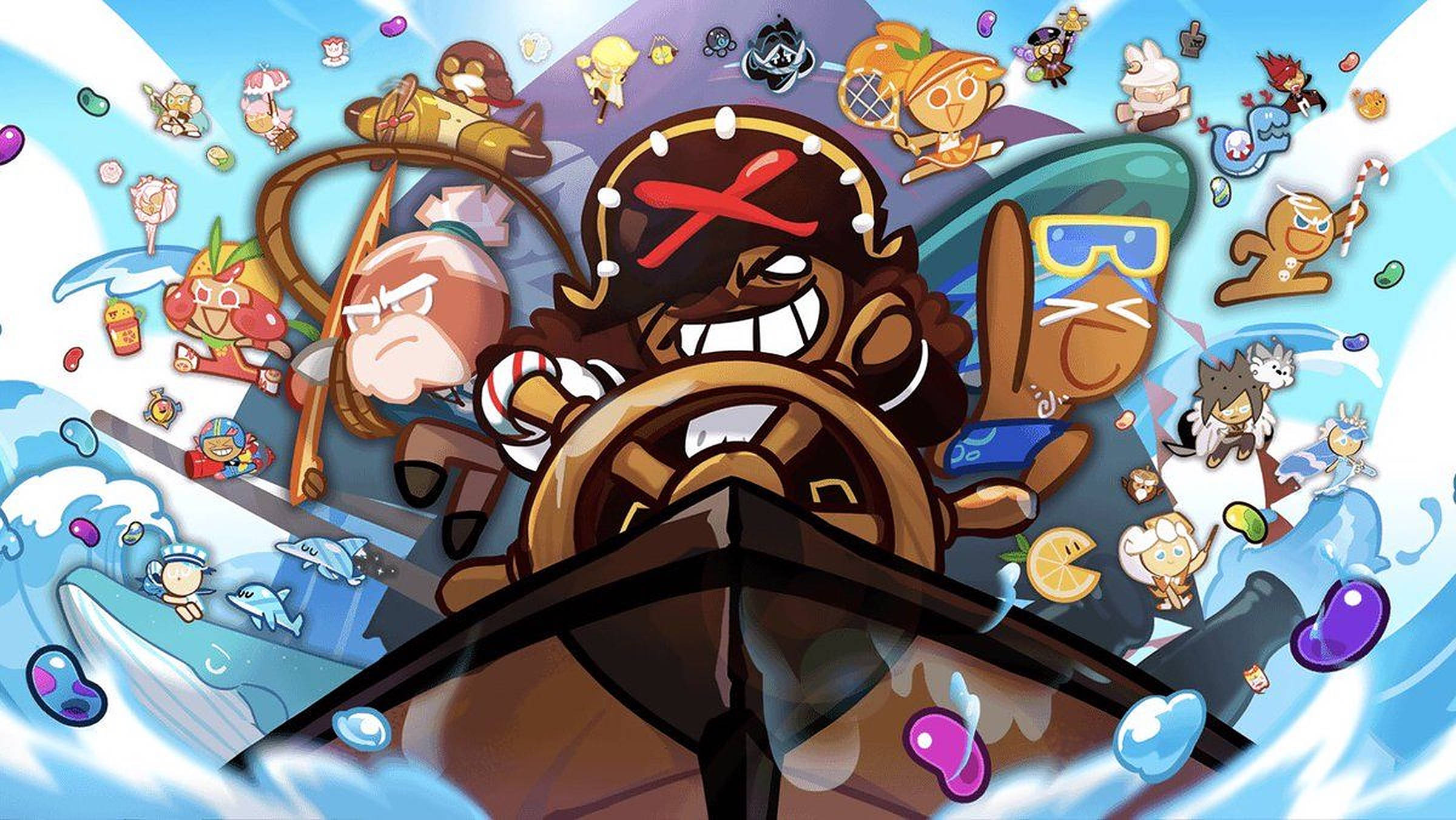 Cookie Run 桌布 壁紙 — 一個卡通海盜船長，帽子上有個紅色X，在混亂的藍色波浪中駕駛船隻，周圍漂浮著餅乾角色。