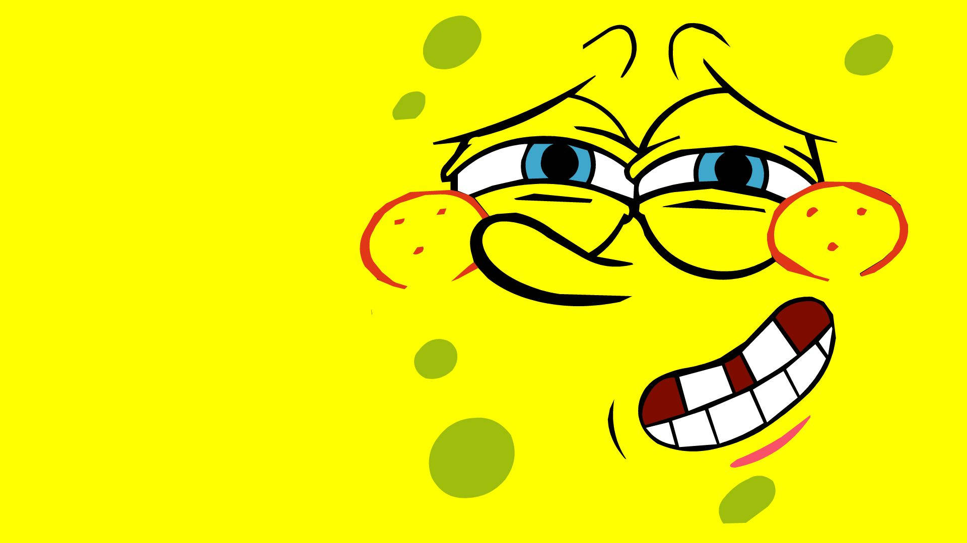 Cool Spongebob 桌布 壁紙 — 一個卡通海綿角色，咧嘴大笑，怒目而視，背景為亮黃色。