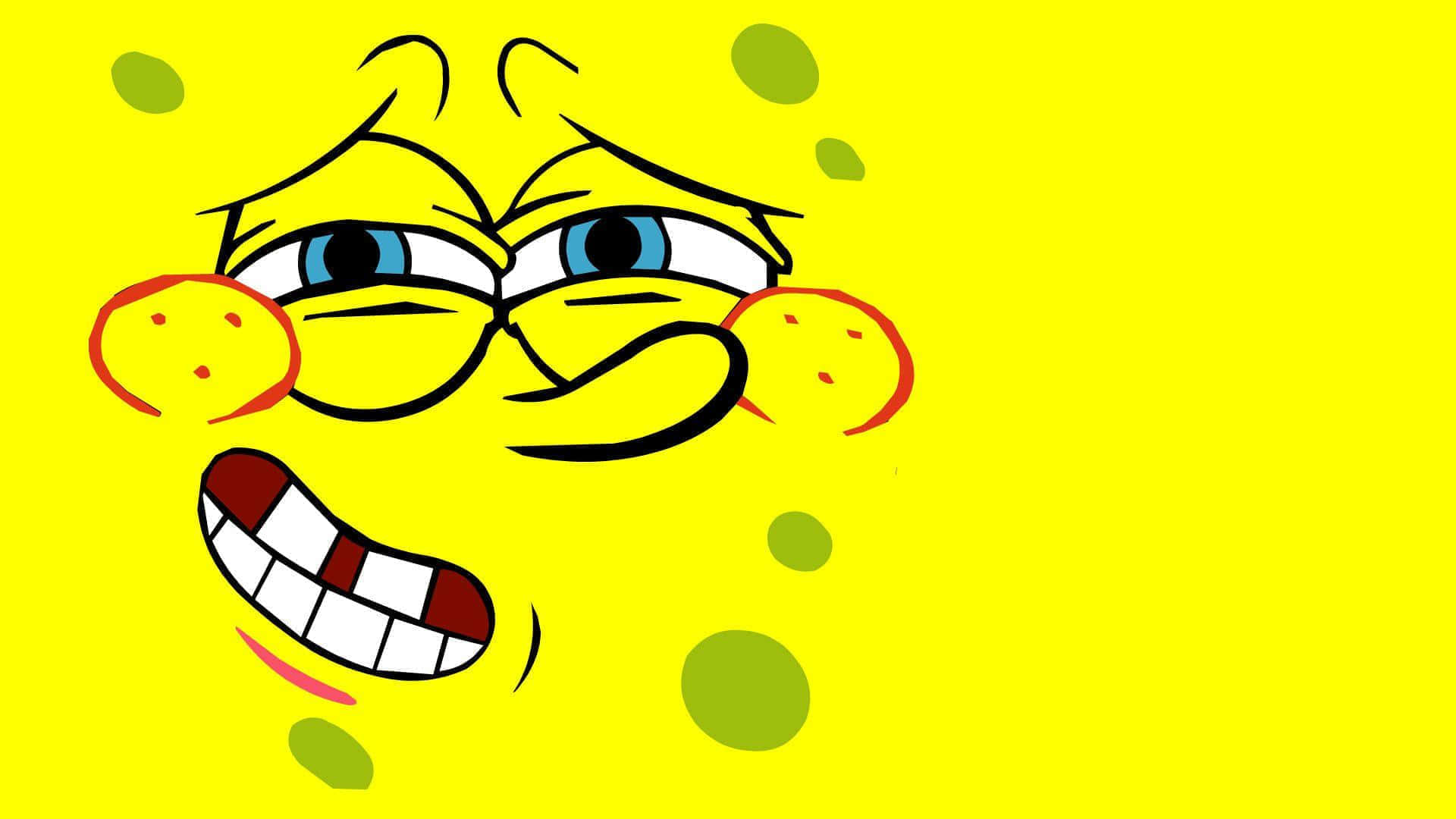 Aesthetic Spongebob 桌布 壁紙 — 一個卡通海綿角色，在明亮的黃色背景上露出燦爛的笑容和凸出的眼睛。