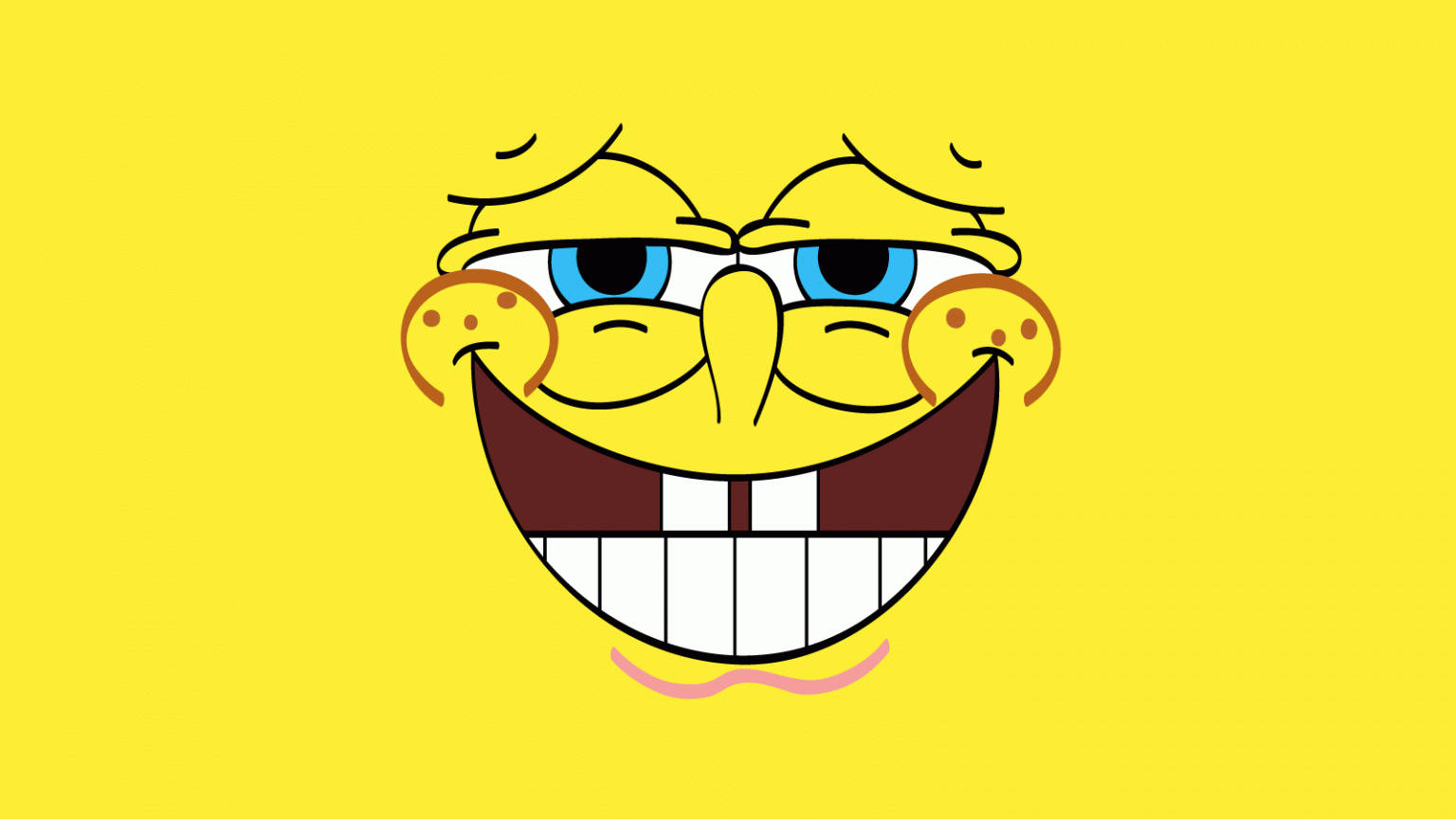 Cool Spongebob 桌布 壁紙 — 一個卡通海綿角色，有著寬闊的露齒笑容和藍色眼睛，背景為純黃色。