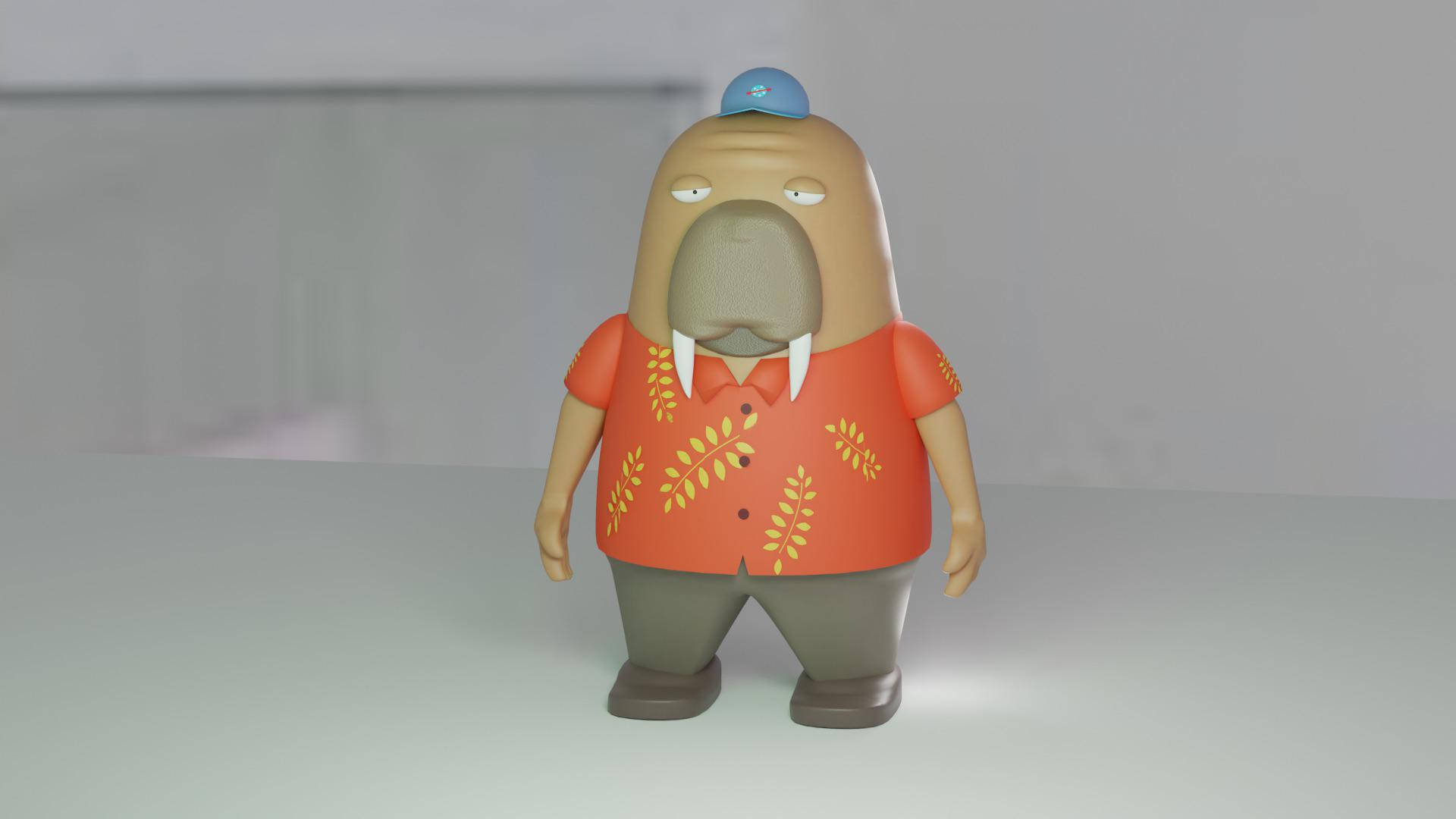 taxi 桌布 壁紙 — 一個卡通海象公仔，身穿帶有黃色葉紋的橙色襯衫，站在純白色表面上。
