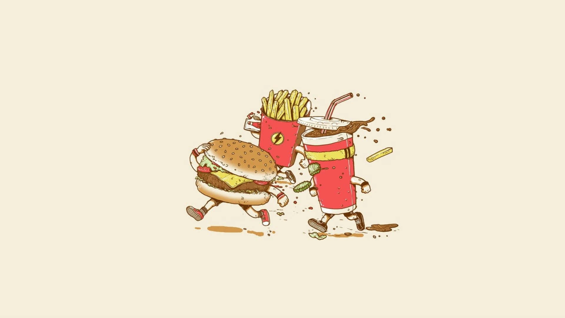 fast food 桌布 壁紙 — 一個卡通漢堡和薯條杯，有手腳和吸管，並排奔跑，在米色背景上留下凌亂的腳印。