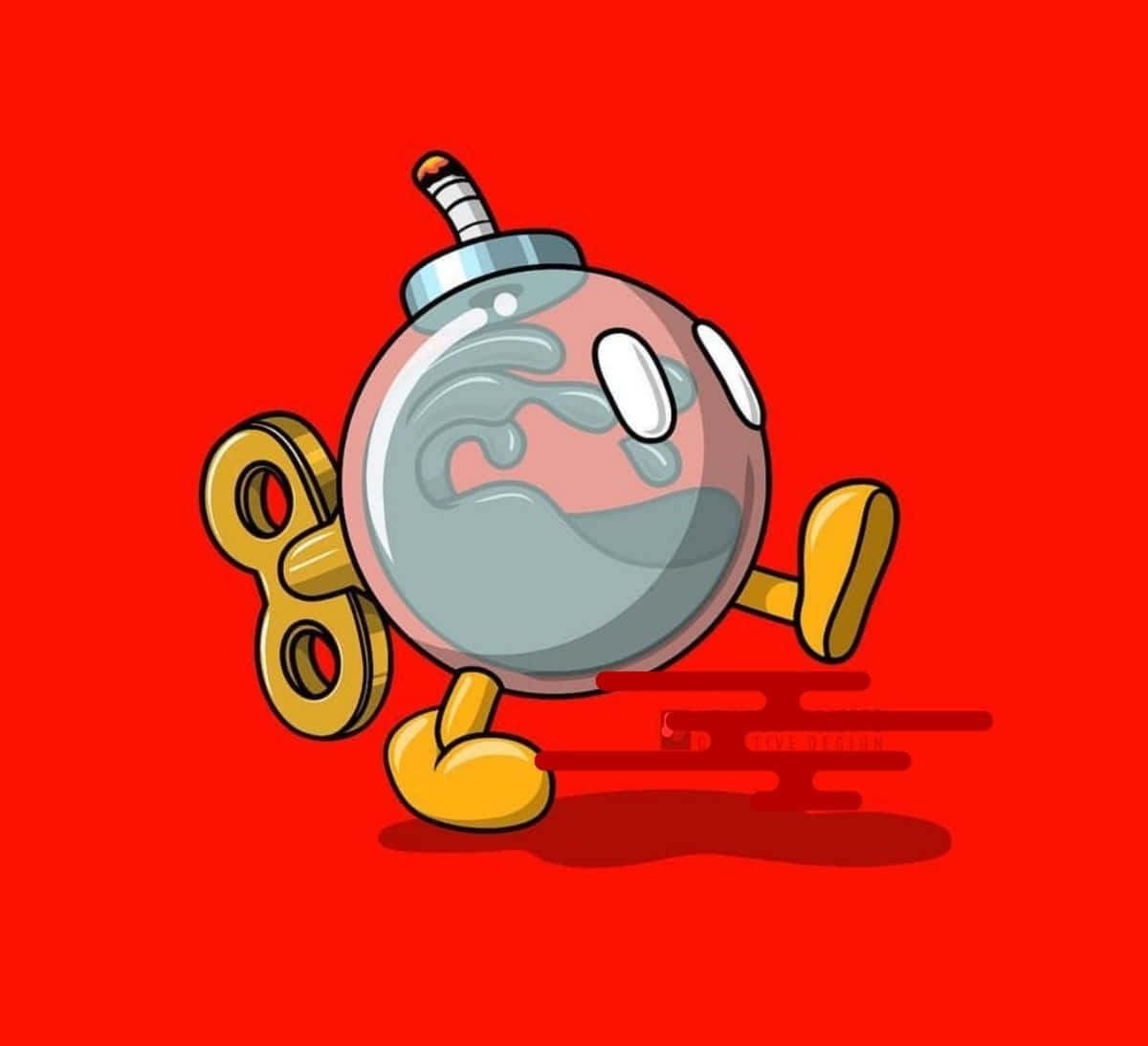 Bob-omb 桌布 壁紙 — 一個卡通炸彈，有著凸眼和黃色四肢，在純紅色背景上充滿活力地奔跑。
