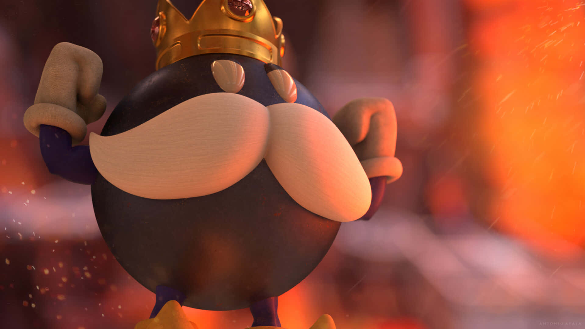 Bob-omb 桌布 壁紙 — 一個卡通炸彈角色，戴著金色皇冠和白色鬍子，在火橙色背景前彎曲手臂。