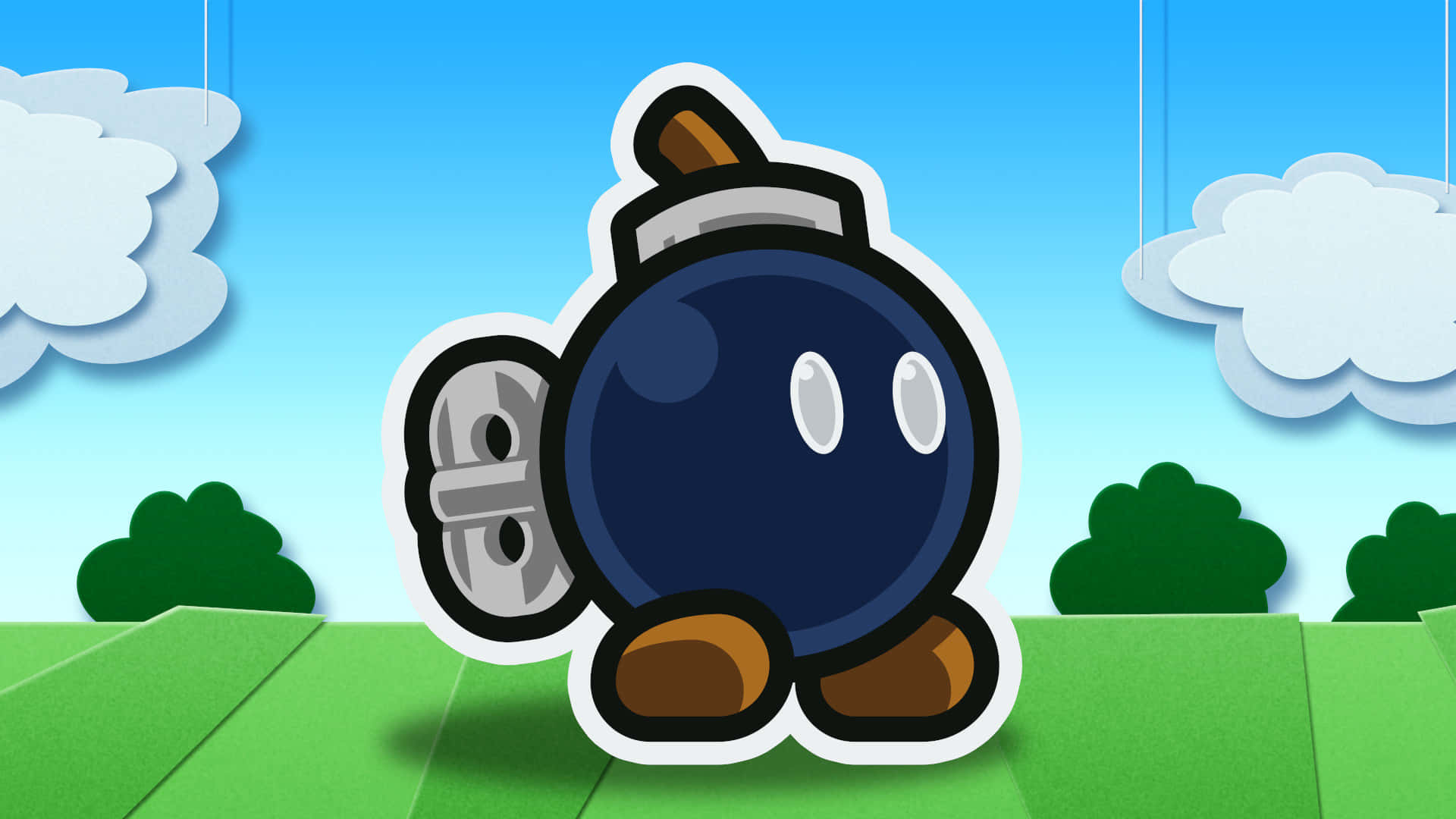 Bob-omb 桌布 壁紙 — 一個卡通炸彈角色，白色眼睛和棕色腳，站在藍天白雲下的綠色草地上。