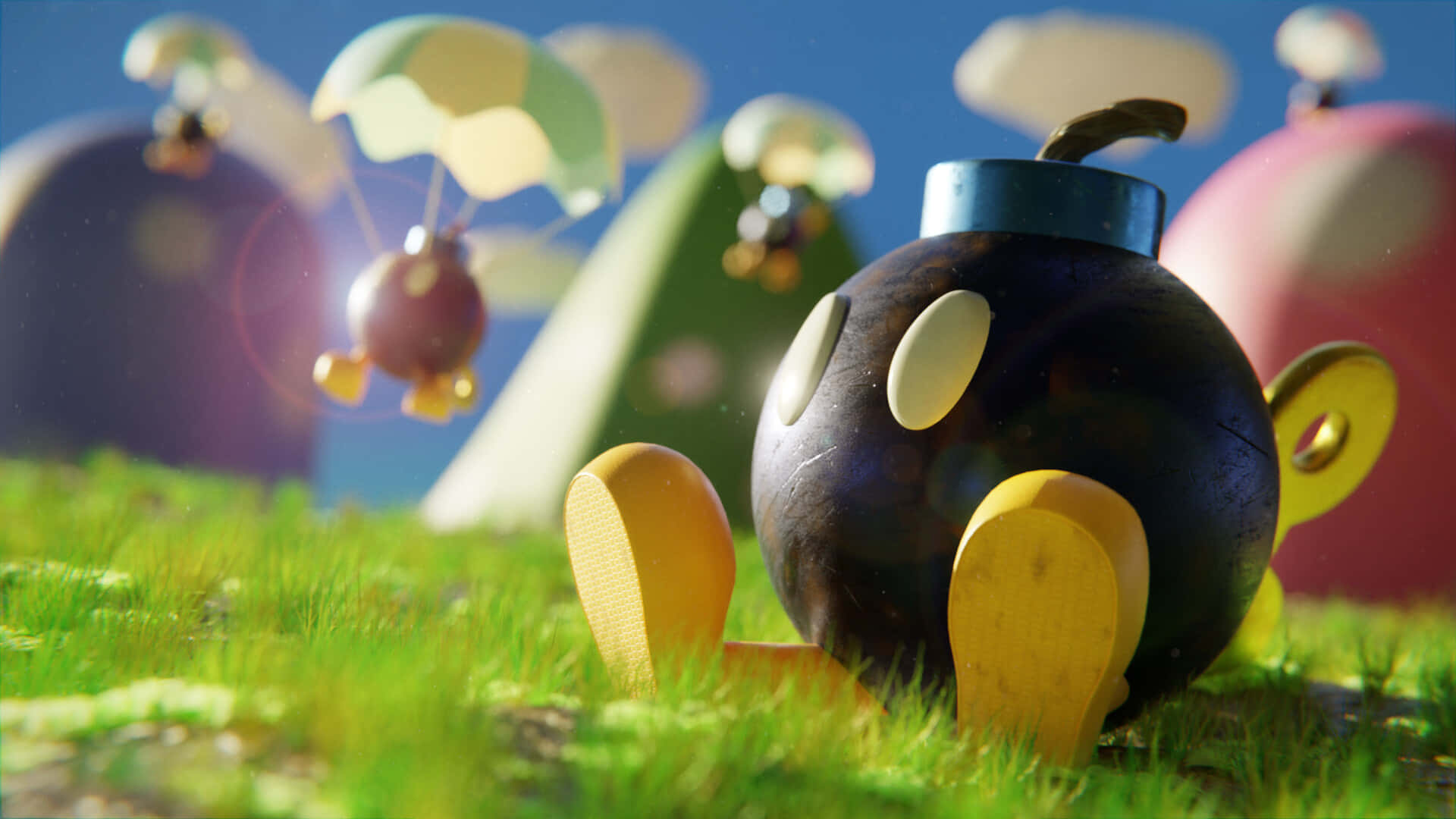 Bob-omb 桌布 壁紙 — 一個卡通炸彈角色，黃色腳，坐在充滿活力的綠色草地上，明亮的藍天下有漂浮的降落傘物體。