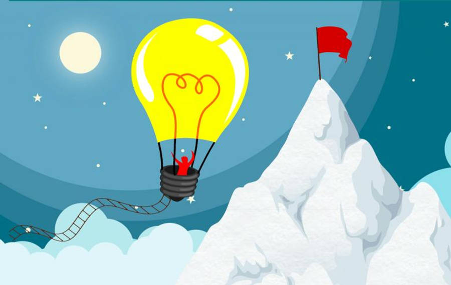 Motivation 桌布 壁紙 — 一個卡通燈泡，帶有心形燈絲，載著一個小人爬上一座雪山，朝著星空下的紅旗前進。