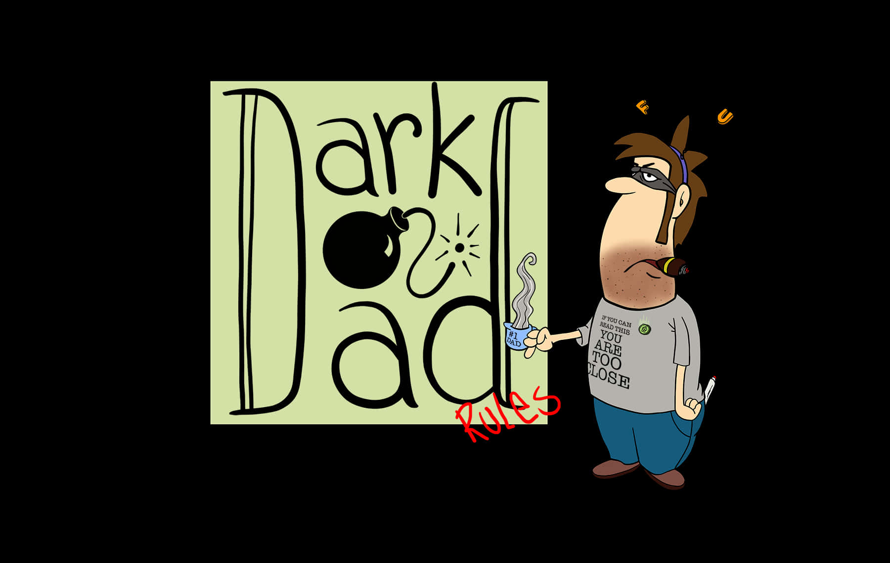 Dark Humour 桌布 壁紙 — 一個卡通爸爸拿著雪茄和咖啡，站在一個寫著「Dark Dad Rules」的標誌旁邊，背景為黑色。