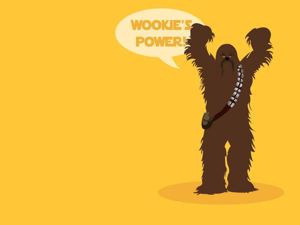 Wookiee 桌布 壁紙 — 一個卡通版的丘巴卡在純黃色背景上勝利地舉起雙臂，並有一個對話氣泡寫著「烏奇的威力！」