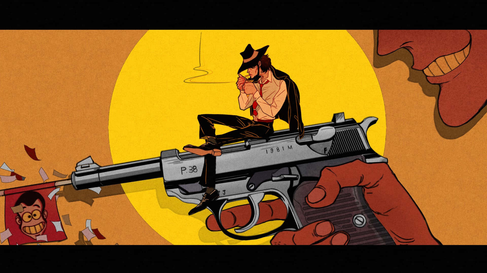 Lupin Iii Daisuke Jigen 桌布 壁紙 — 一個卡通牛仔坐在一隻手拿著的巨型手槍上，背景是一個黃色太陽和一個咧嘴笑的面孔。