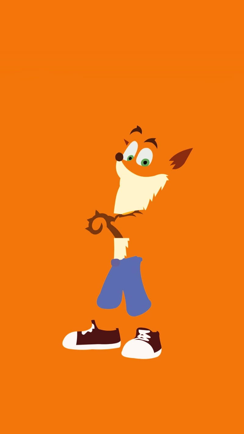Bandicoot 桌布 壁紙 — 一個卡通狐狸角色，有綠色眼睛和藍色褲子，站在純橙色背景前。