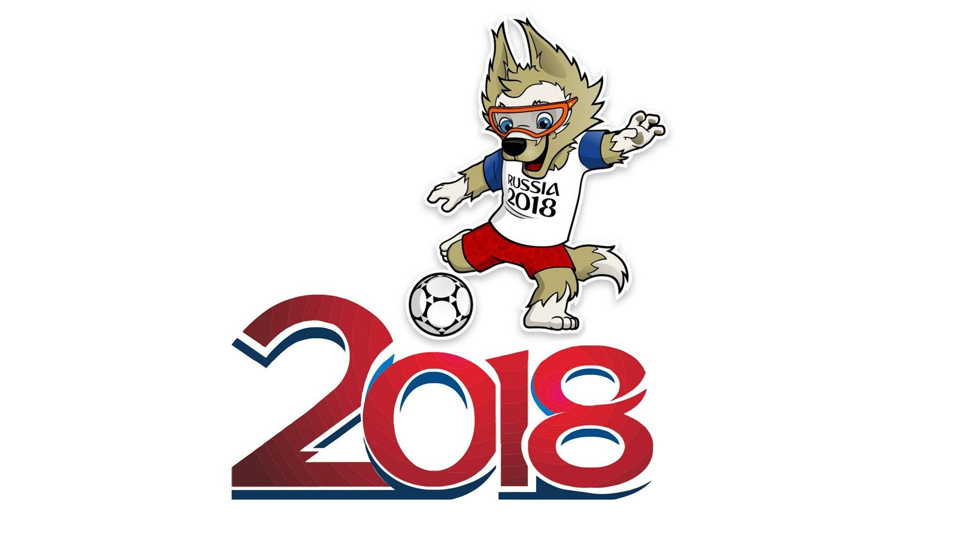 World 桌布 壁紙 — 一個卡通狼吉祥物穿著俄羅斯2018球衣，在大型紅色2018文字上方踢足球。