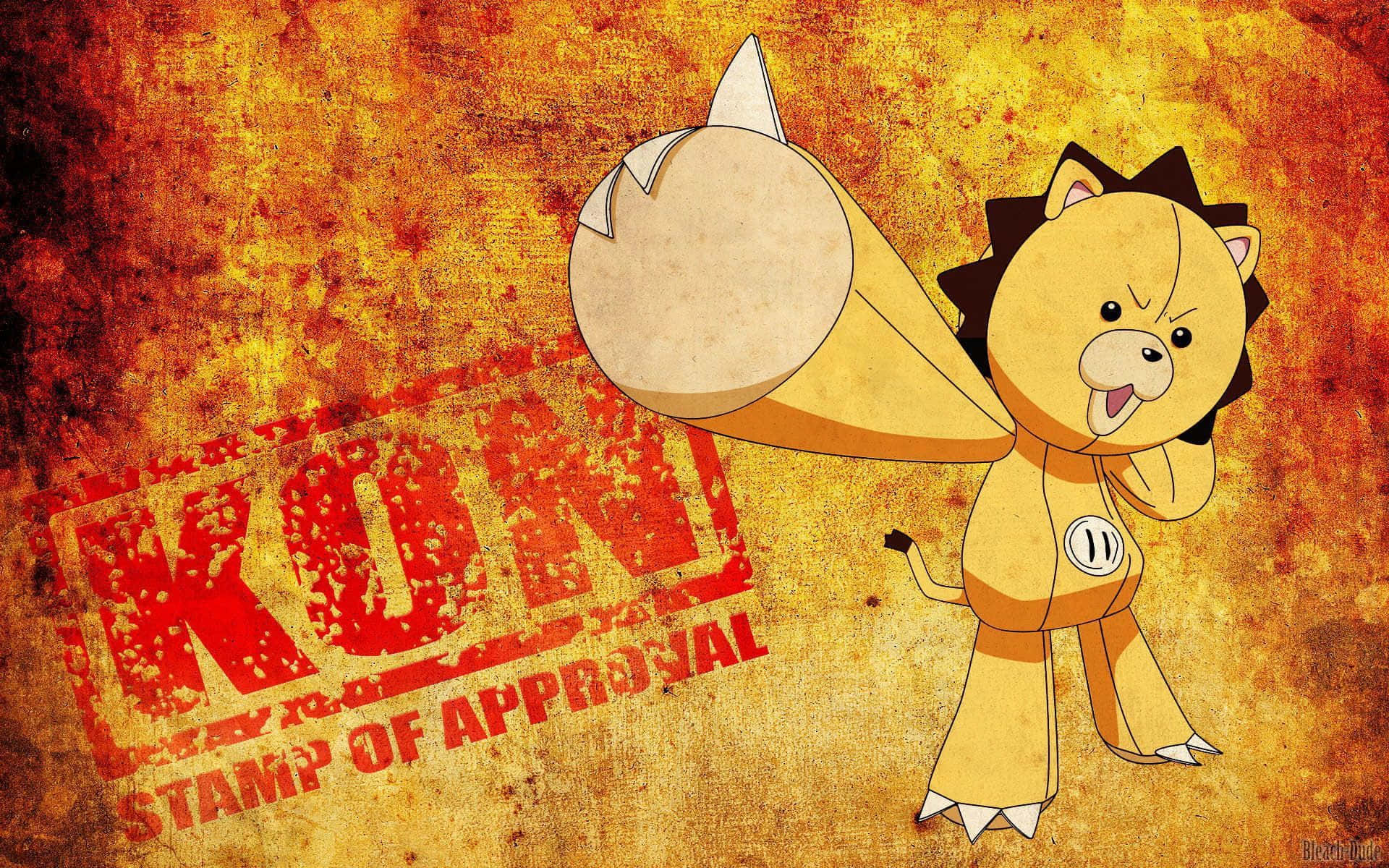 Bleach Kon 桌布 壁紙 — 一個卡通獅子角色，在紋理火橙色背景上帶有寫著「KON STAMP OF APPROVAL」的印章。