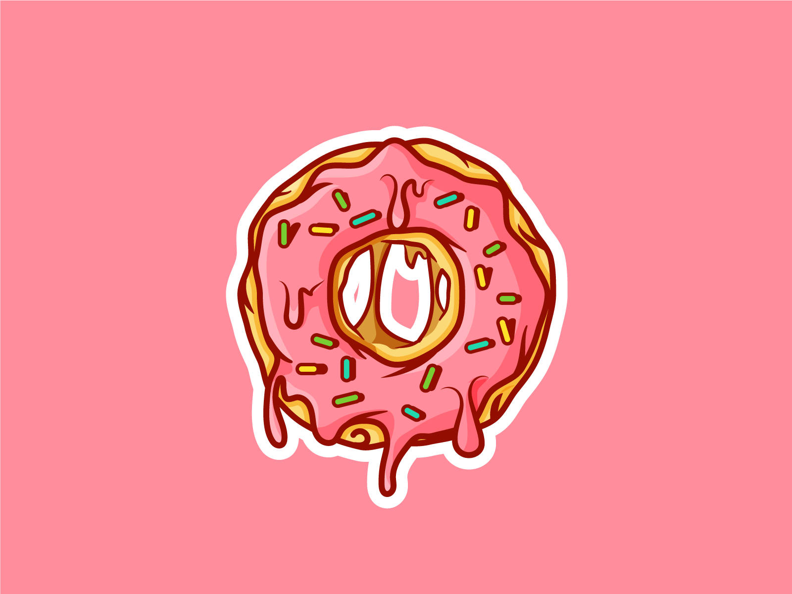 Donut 桌布 壁紙 — 一個卡通甜甜圈，上面有粉紅色糖霜和彩色糖粒，滴在純粉紅色背景上。
