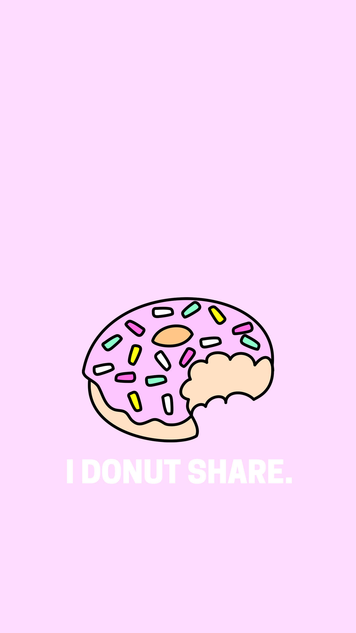 Donut 桌布 壁紙 — 一個卡通甜甜圈，上面有粉紅色糖霜和彩色糖粒，放在淺粉紅色背景上，並帶有文字「I DONUT SHARE。」