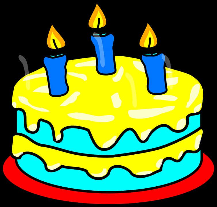 Birthday Cake 桌布 壁紙 — 一個卡通生日蛋糕，有黃色和藍色糖霜，紅色盤子上有三支點燃的藍色蠟燭。