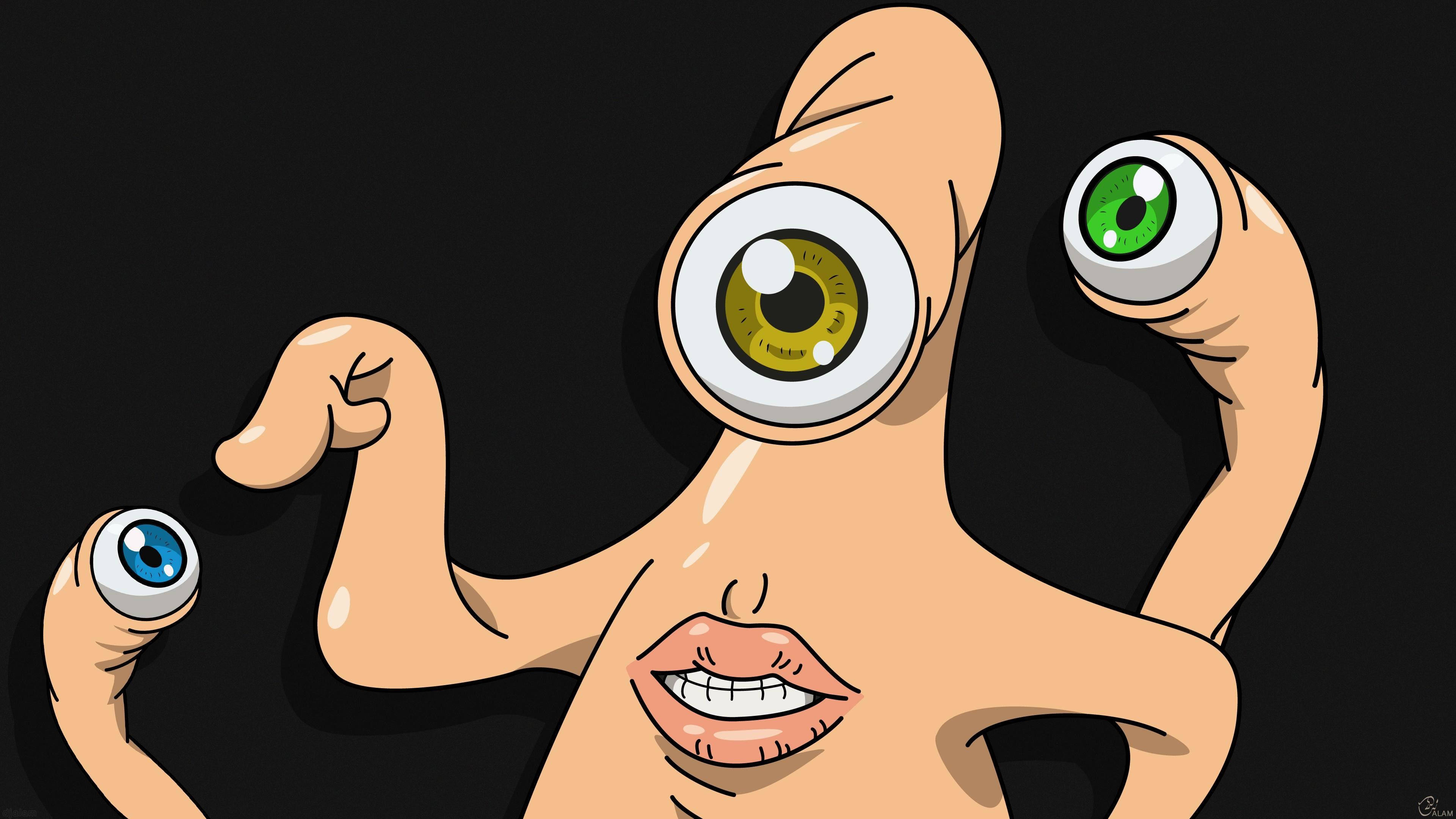 Parasyte 桌布 壁紙 — 一個卡通生物，有三隻眼睛在靈活的手臂上，在黑色背景前展示肌肉。