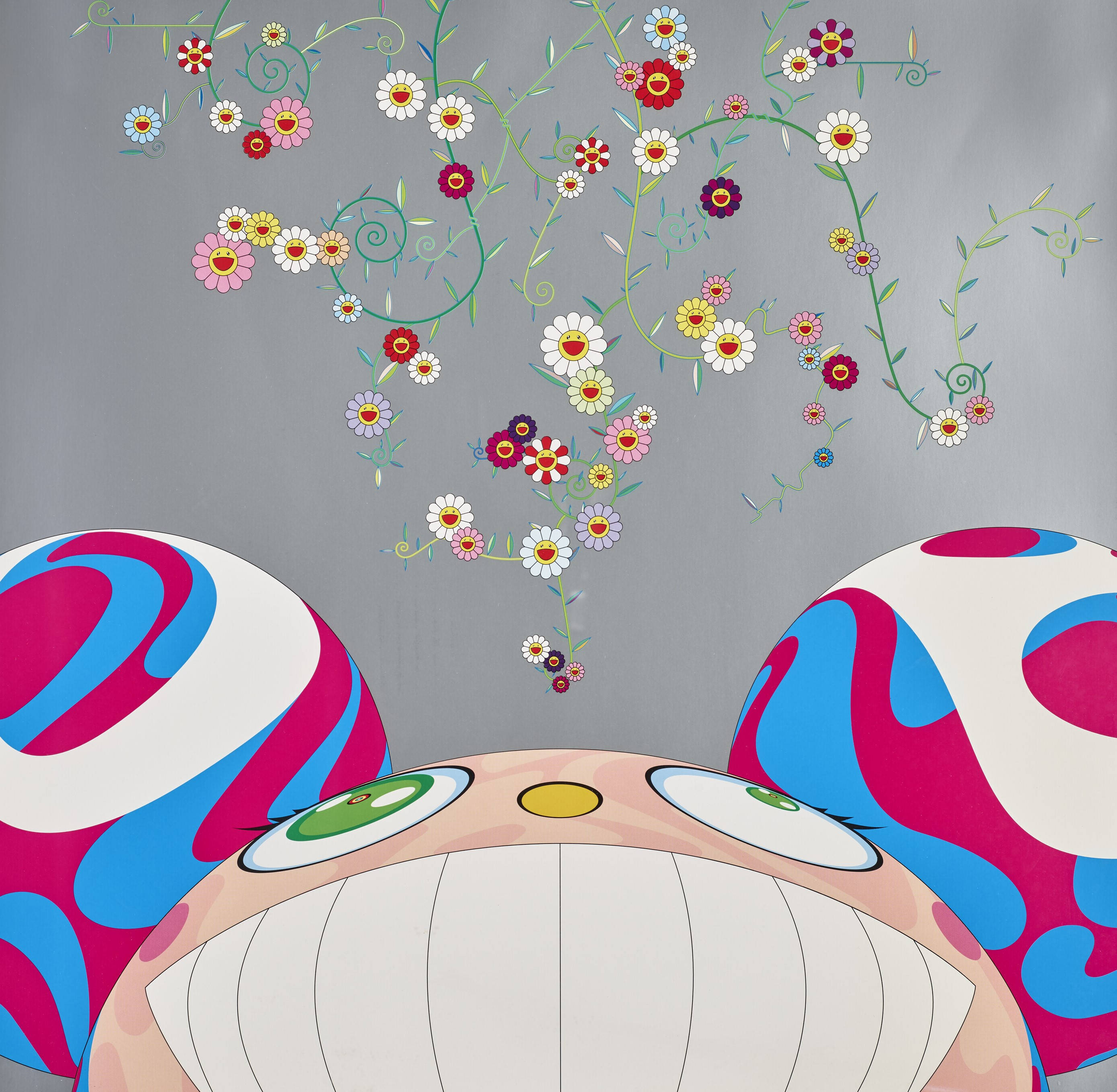 smiling 桌布 壁紙 — 一個卡通生物，有著旋轉的粉紅色和藍色耳朵，大眼睛凝視著灰色背景上色彩繽紛的花朵綻放。
