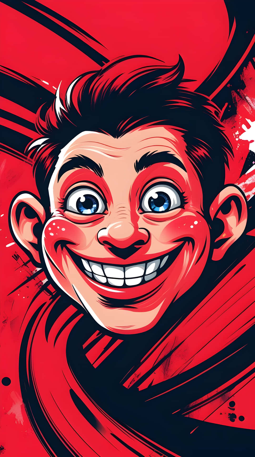 The red funny face art wallpaper 壁紙 — 一個卡通男人，有著狂野的紅髮和寬闊的露齒笑容，背景是大膽的紅色和黑色。
