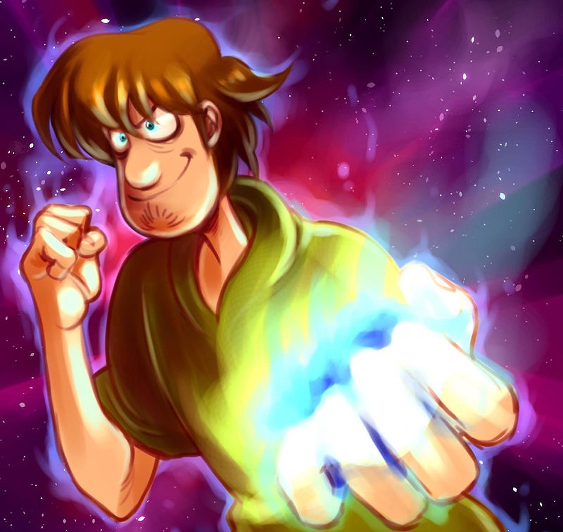 Shaggy 桌布 壁紙 — 一個卡通男人，棕色頭髮，綠色眼睛，在宇宙紫色和粉紅色星雲背景下，從手中釋放出發光的藍色能量。