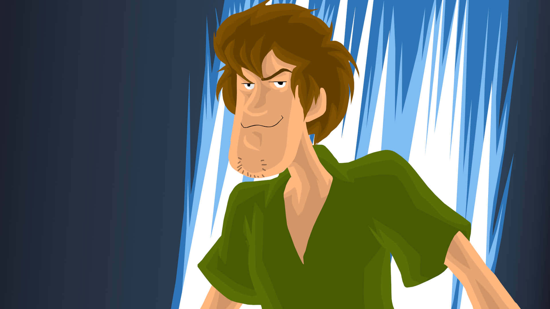 Shaggy Rogers 桌布 壁紙 — 一個卡通男人，棕色頭髮，綠色襯衫，站在藍白鋸齒背景前，表情嚴肅。