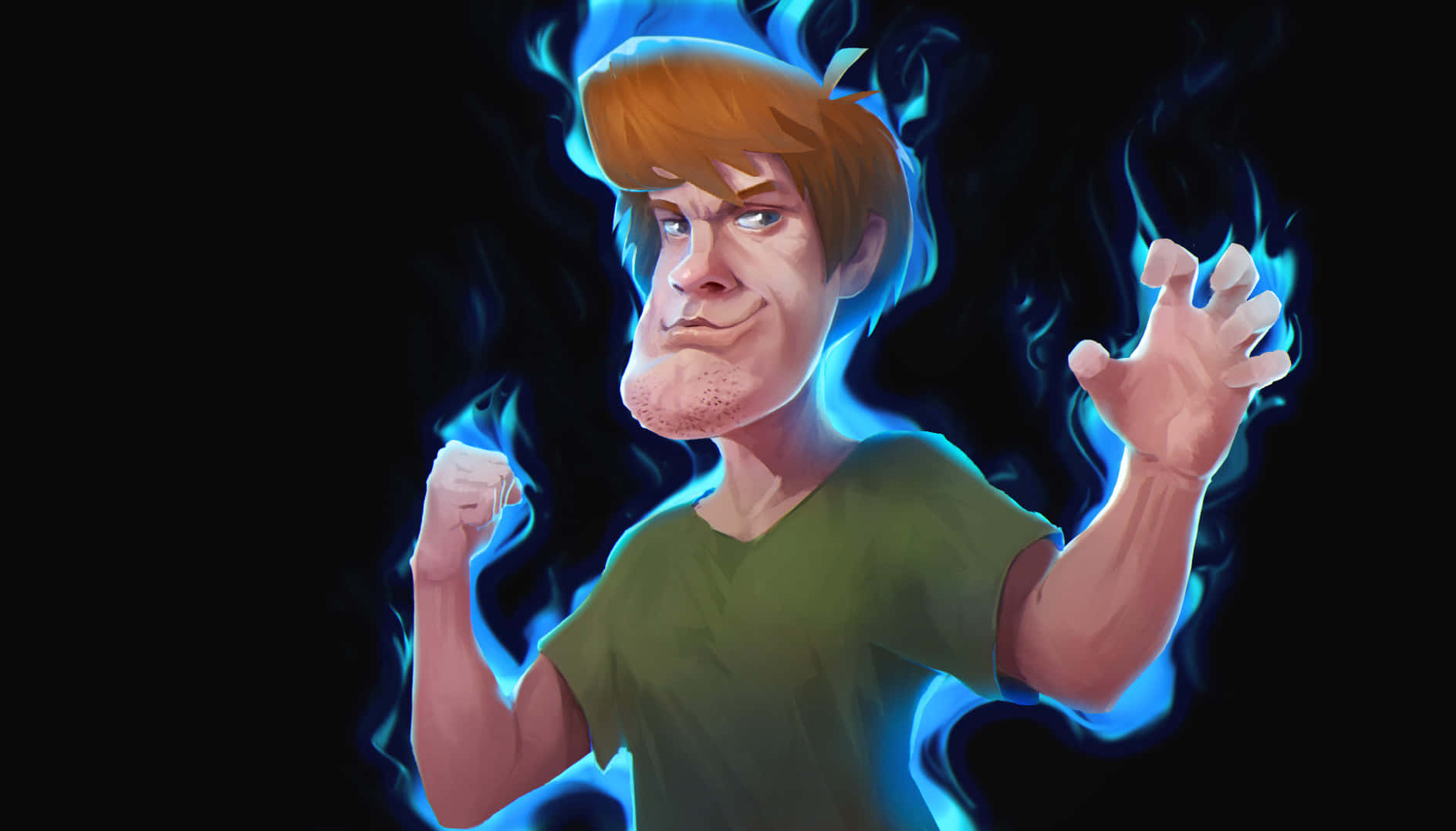 Shaggy Rogers 桌布 壁紙 — 一個卡通男人，橙色頭髮，綠色襯衫，被發光的藍色能量包圍，背景為黑色。