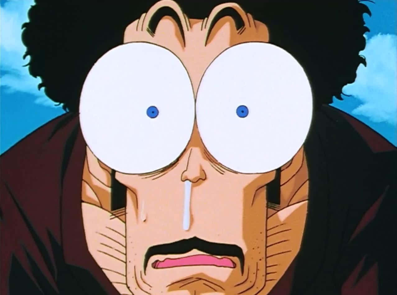 Hercule Satan 桌布 壁紙 — 一個卡通男人，白色眼睛凸出，淚水流過臉頰，背景是藍天。