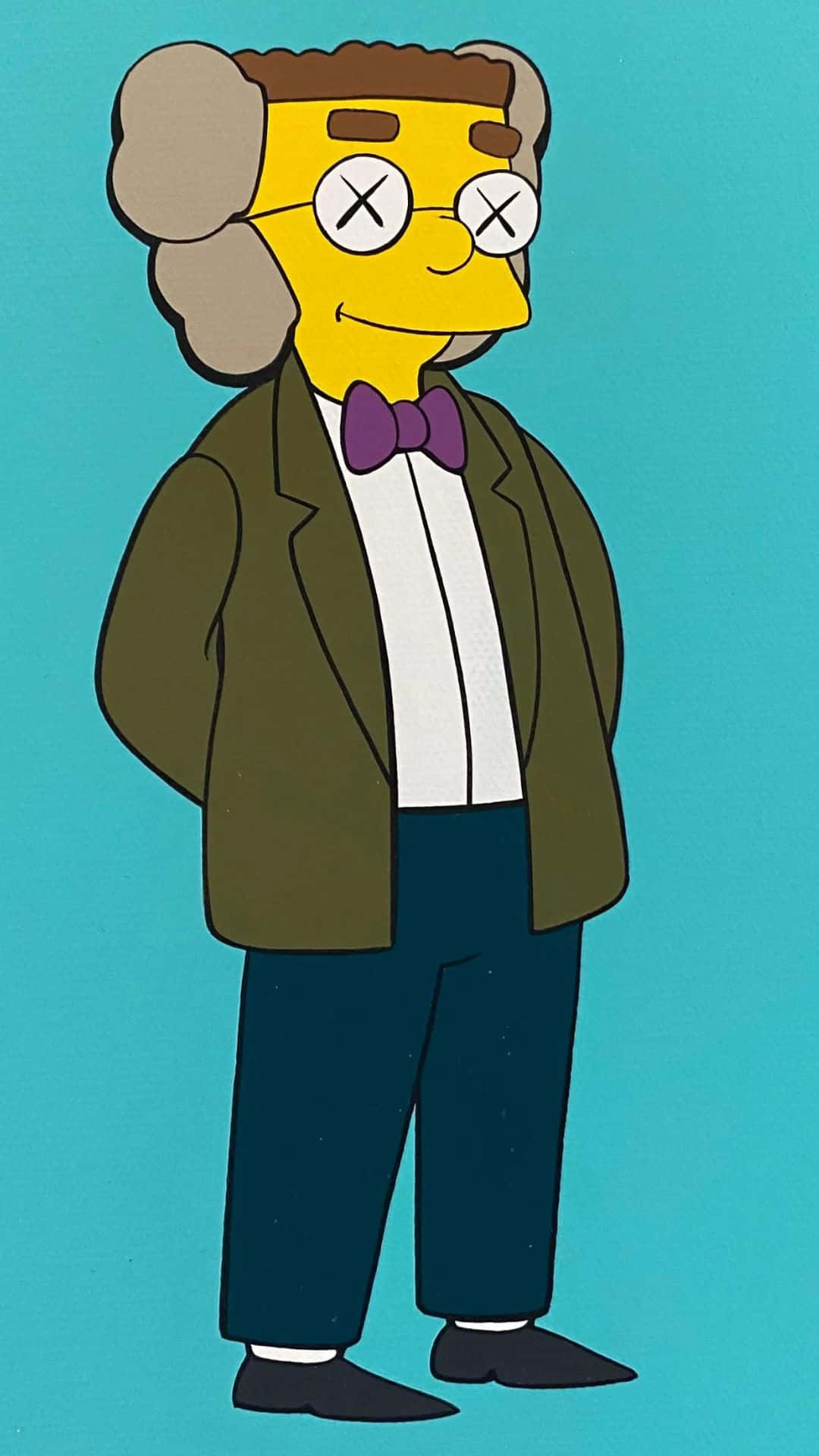 Kaws The Simpsons 桌布 壁紙 — 一個卡通男人，眼睛打叉，灰色頭髮，穿著綠色西裝和紫色領結，背景是藍綠色。