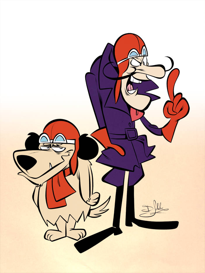Muttley 桌布 壁紙 — 一個卡通男人和一隻狗戴著紅色飛行員頭盔和護目鏡，自信地站在柔和的米色背景前。
