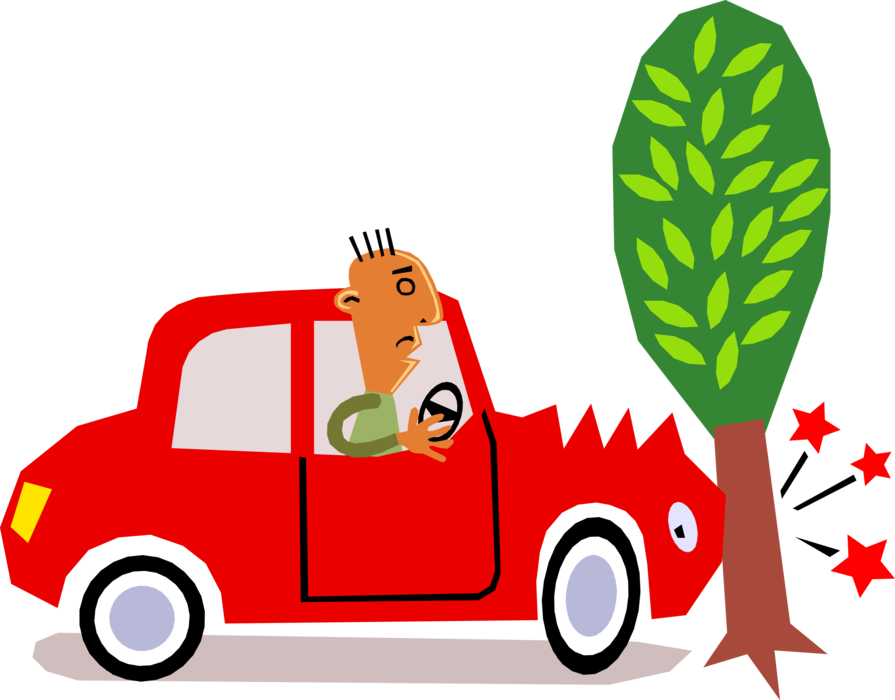Clip Art 桌布 壁紙 — 一個卡通男人在紅色車裡，撞到一棵綠色樹，紅色星星飛起，他看起來很震驚。