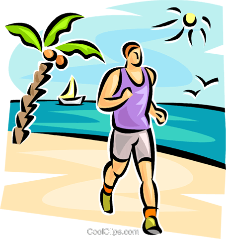 running 桌布 壁紙 — 一個卡通男人在陽光明媚的海灘上慢跑，旁邊有棕櫚樹，背景有帆船和鳥兒。