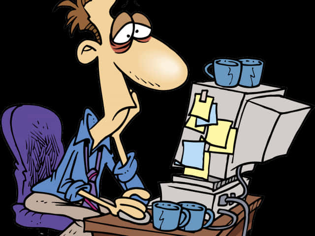 Work Hard 桌布 壁紙 — 一個卡通男人帶著疲倦的眼神坐在雜亂的辦公桌前，周圍是咖啡杯和便利貼。