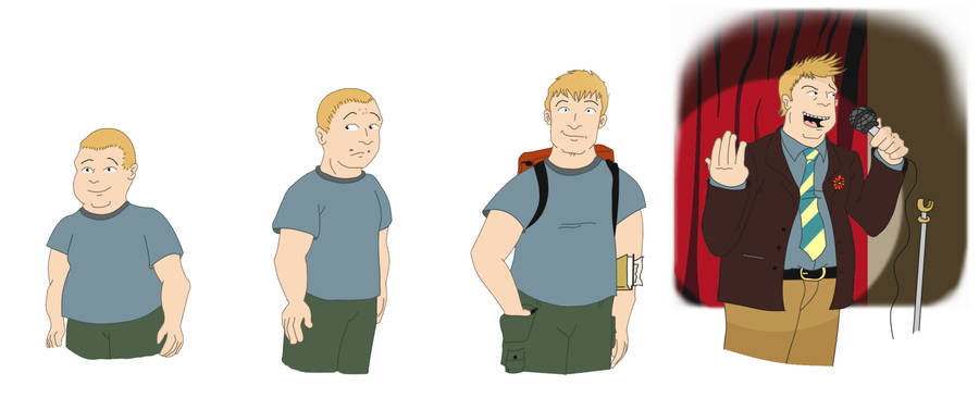 Bobby Hill 桌布 壁紙 — 一個卡通男人從超重轉變為自信的表演者，在舞台上拿著麥克風，背景是紅色窗簾。