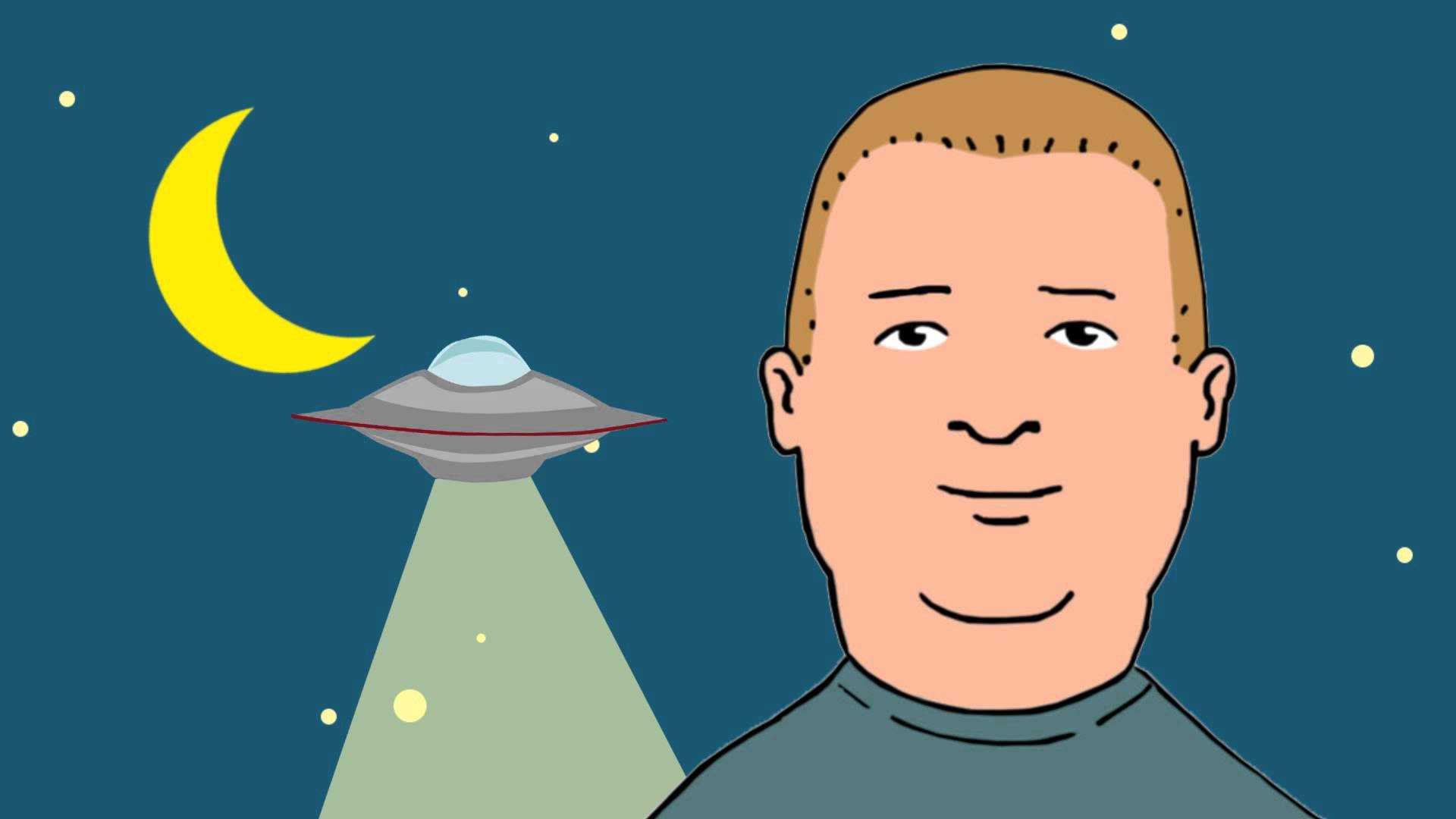 山丘之王 桌布 壁紙 — 一個卡通男人微笑，而UFO在彎月和星星下向他射光。