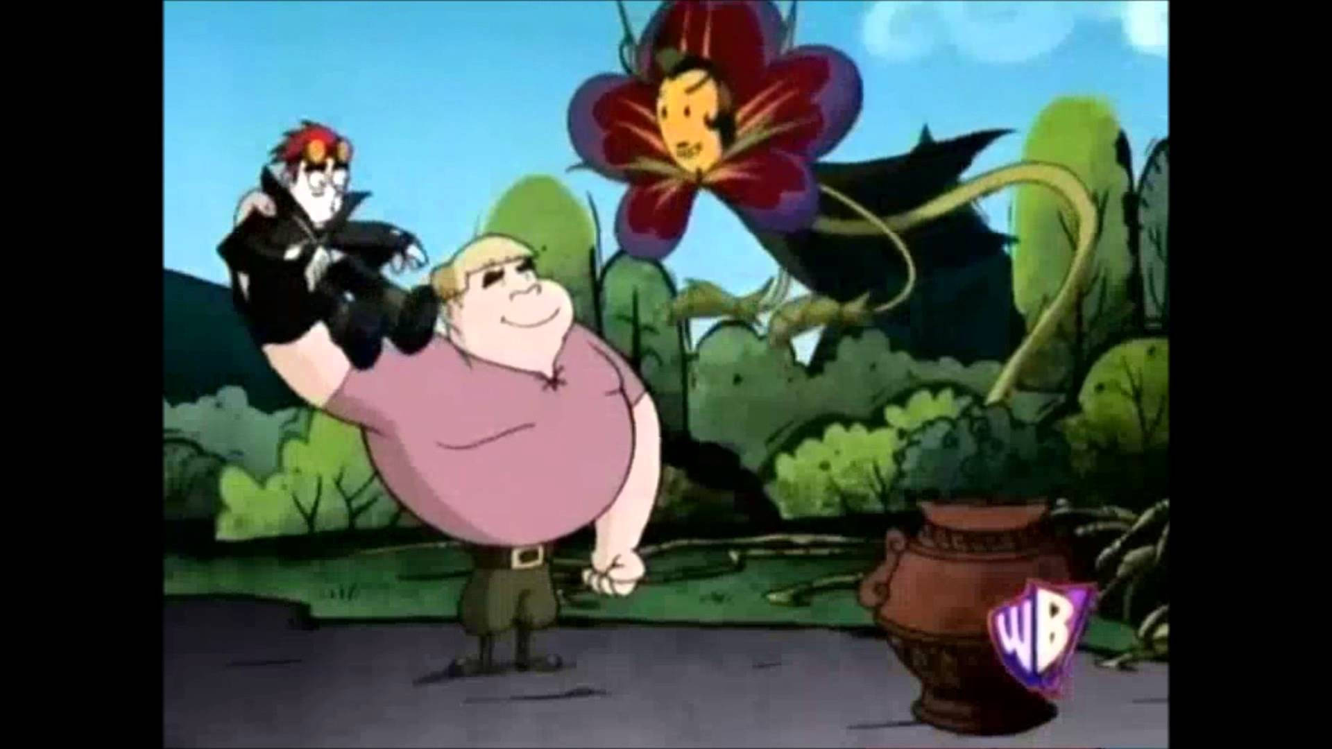 Cartoon 桌布 壁紙 — 一個卡通男人抱著一個細小的吸血鬼-like 人物，而一朵有臉的巨型花朵在他身後茂密的叢林中若隱若現。