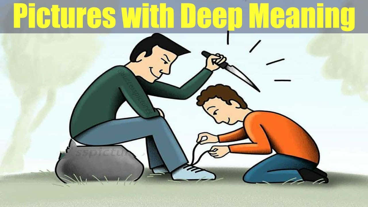 Meaningful 桌布 壁紙 — 一個卡通男人拿著刀，懸在另一個正在綁鞋帶的男人上方，構成超現實且具象徵意義的場景。