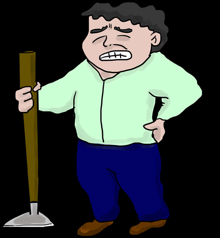 疼痛 桌布 壁紙 — 一個卡通男人穿著淺綠色襯衫和藍色褲子，在黑色背景前拿著鏟子，表情痛苦。