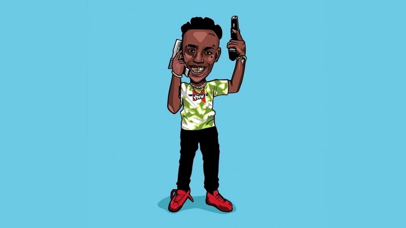 Ynw Melly Cartoon 桌布 壁紙 — 一個卡通男人穿著綠色紮染襯衫和紅色鞋子，在純藍色背景上將手機貼在耳邊並高舉瓶子。