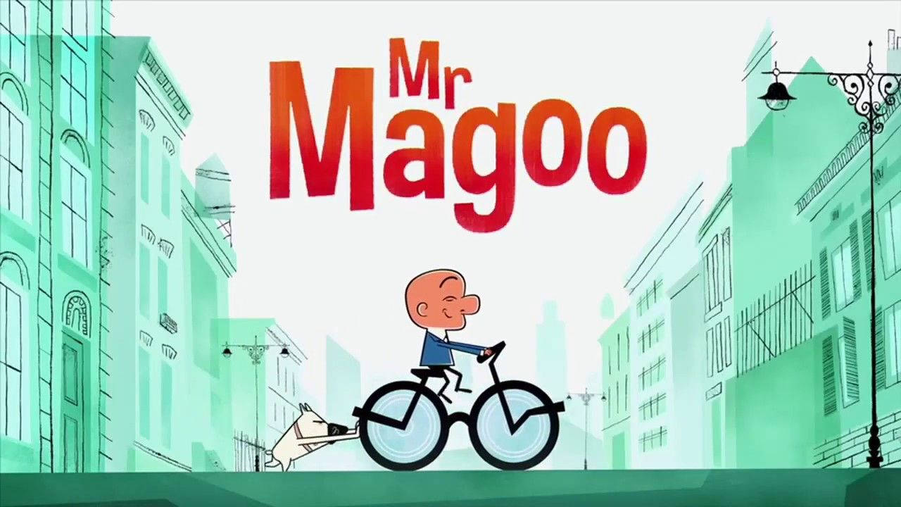 Magoo 桌布 壁紙 — 一個卡通男人騎著腳踏車沿著綠色調的城市街道行駛，一隻狗拉著他的腳踏車，上方有「Mr Magoo」文字。