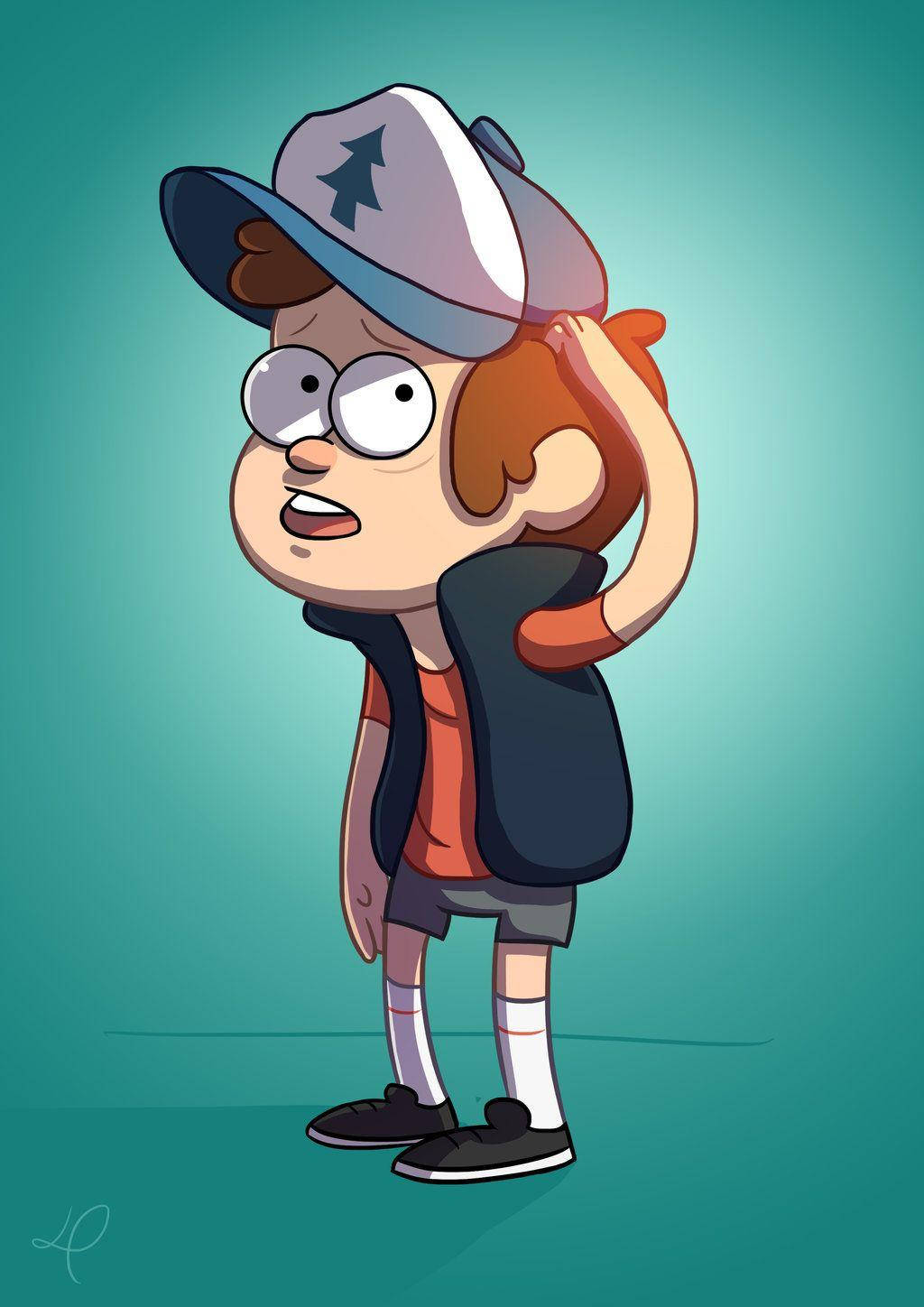 dipper pines 桌布 壁紙 — 一個卡通男孩，大眼睛，戴著樹標誌帽子，在青綠色背景前困惑地抓頭。