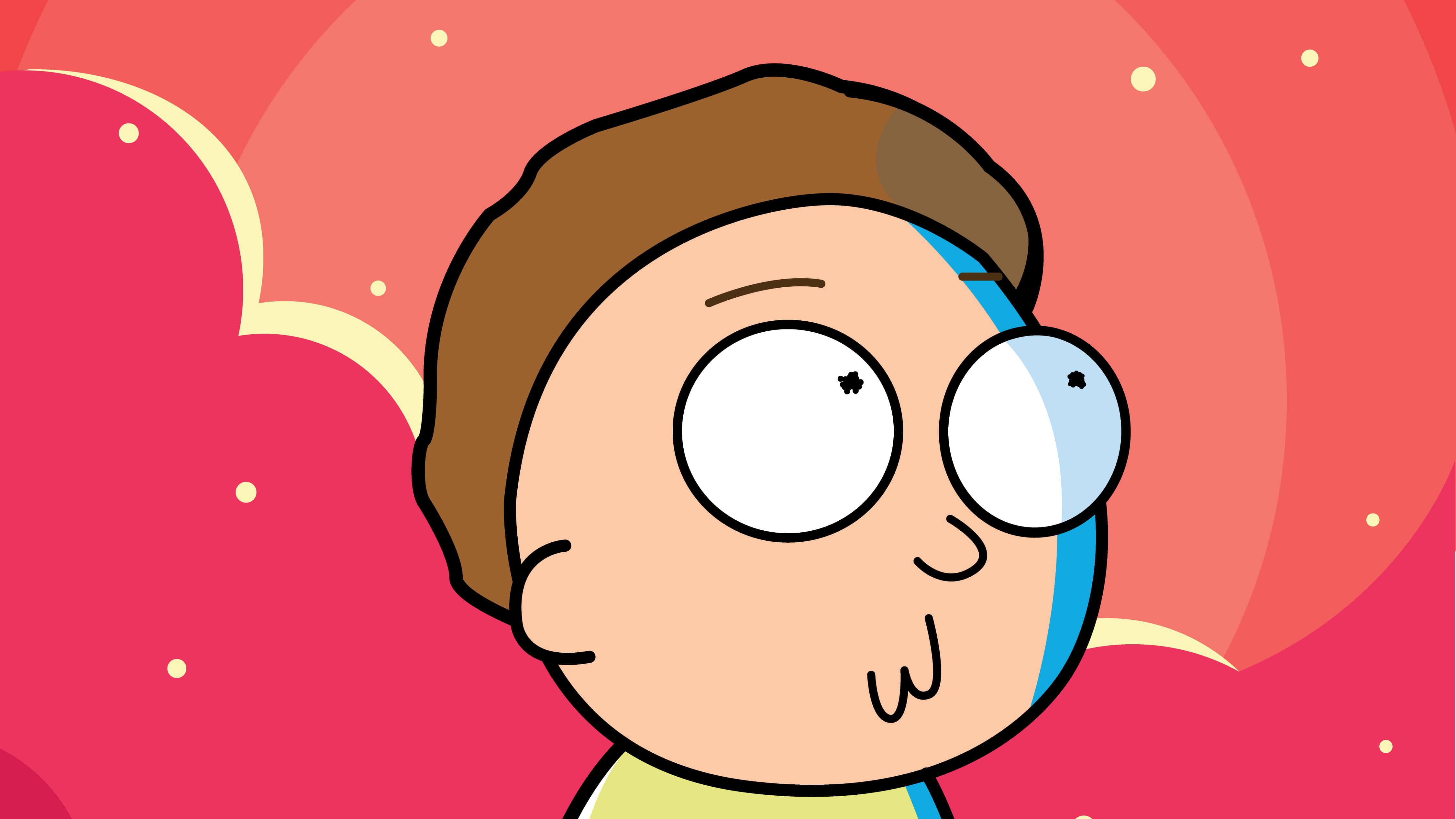 Rick And Morty Laptop 桌布 壁紙 — 一個卡通男孩，大眼睛，棕色頭髮，在粉紅色背景上有黃色雲朵和點點，看起來很驚訝。