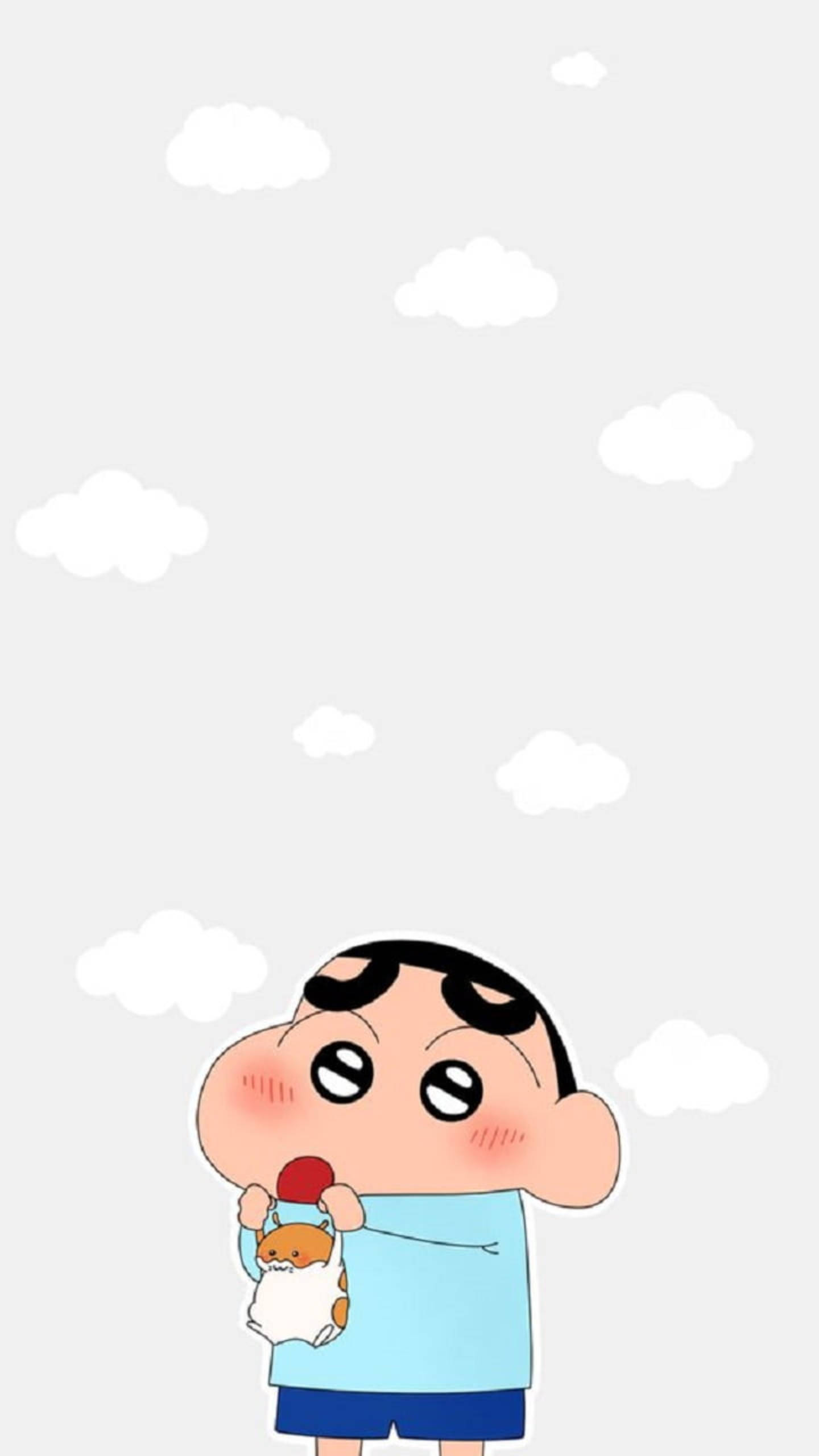 shinchan 桌布 壁紙 — 一個卡通男孩，大眼睛，玫瑰色臉頰，抱著一個小毛絨動物，背景是蒼白的天空和蓬鬆的雲朵。