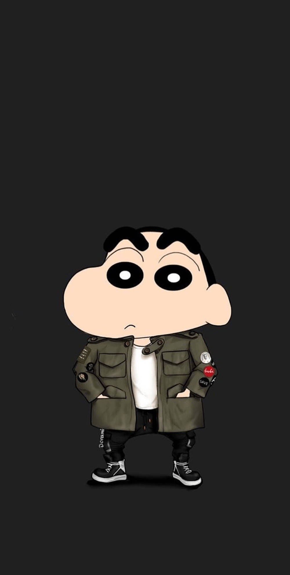 shinchan 桌布 壁紙 — 一個卡通男孩，大眼睛，皺著眉頭，穿著綠色外套，站在深色背景前。