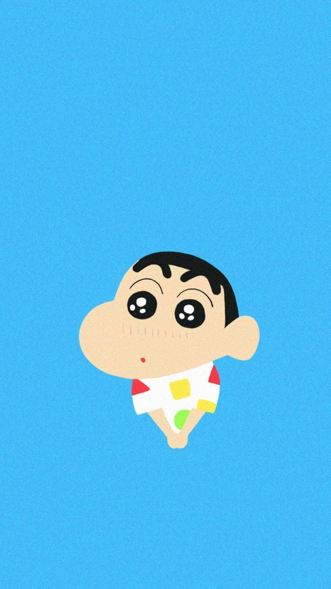 Shin Chan 桌布 壁紙 — 一個卡通男孩，大眼睛，穿著彩色襯衫，漂浮在純藍色背景上。