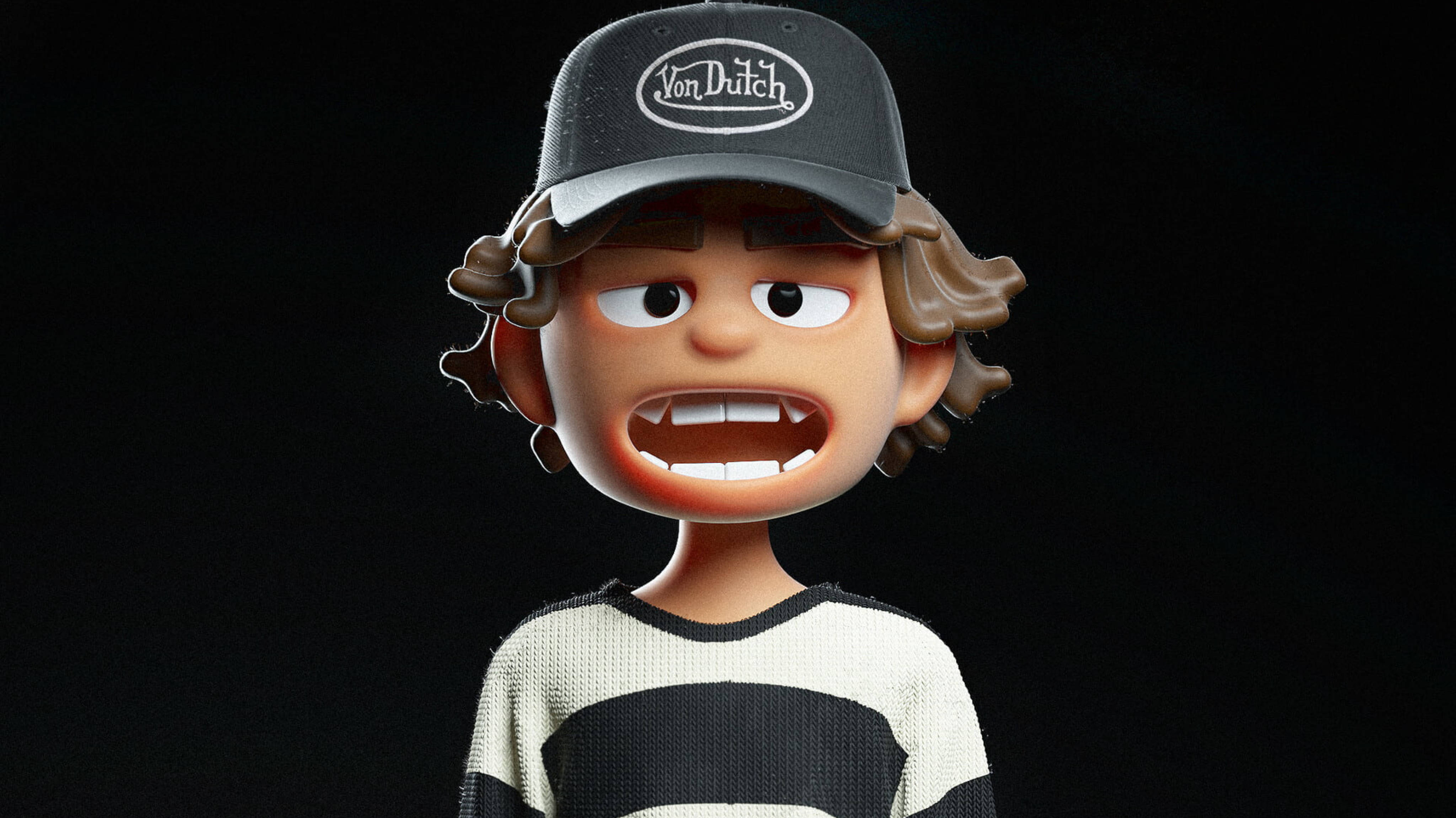 kid 桌布 壁紙 — 一個卡通男孩，捲髮，戴著 Von Dutch 帽子，在黑色背景前尖叫。
