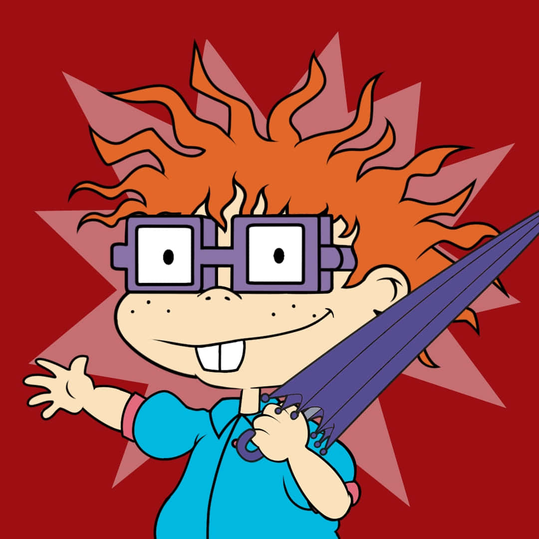 rugrats 桌布 壁紙 — 一個卡通男孩，擁有狂野的橙色頭髮和紫色眼鏡，在紅色星爆背景下拿著一把紫色雨傘。