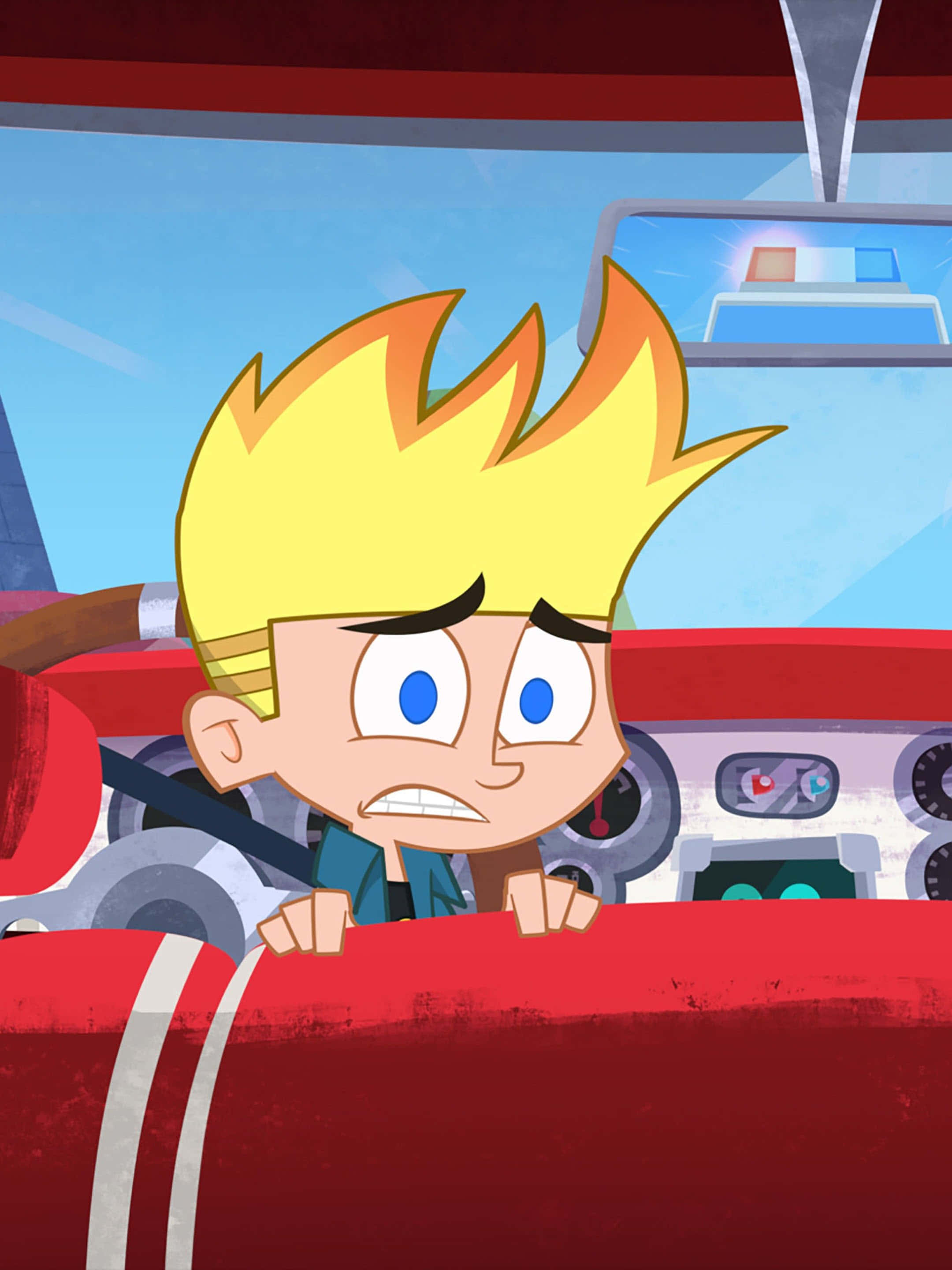 Johnny Test 桌布 壁紙 — 一個卡通男孩，有著刺刺的金色頭髮，驚恐地抓著紅色賽車的方向盤。