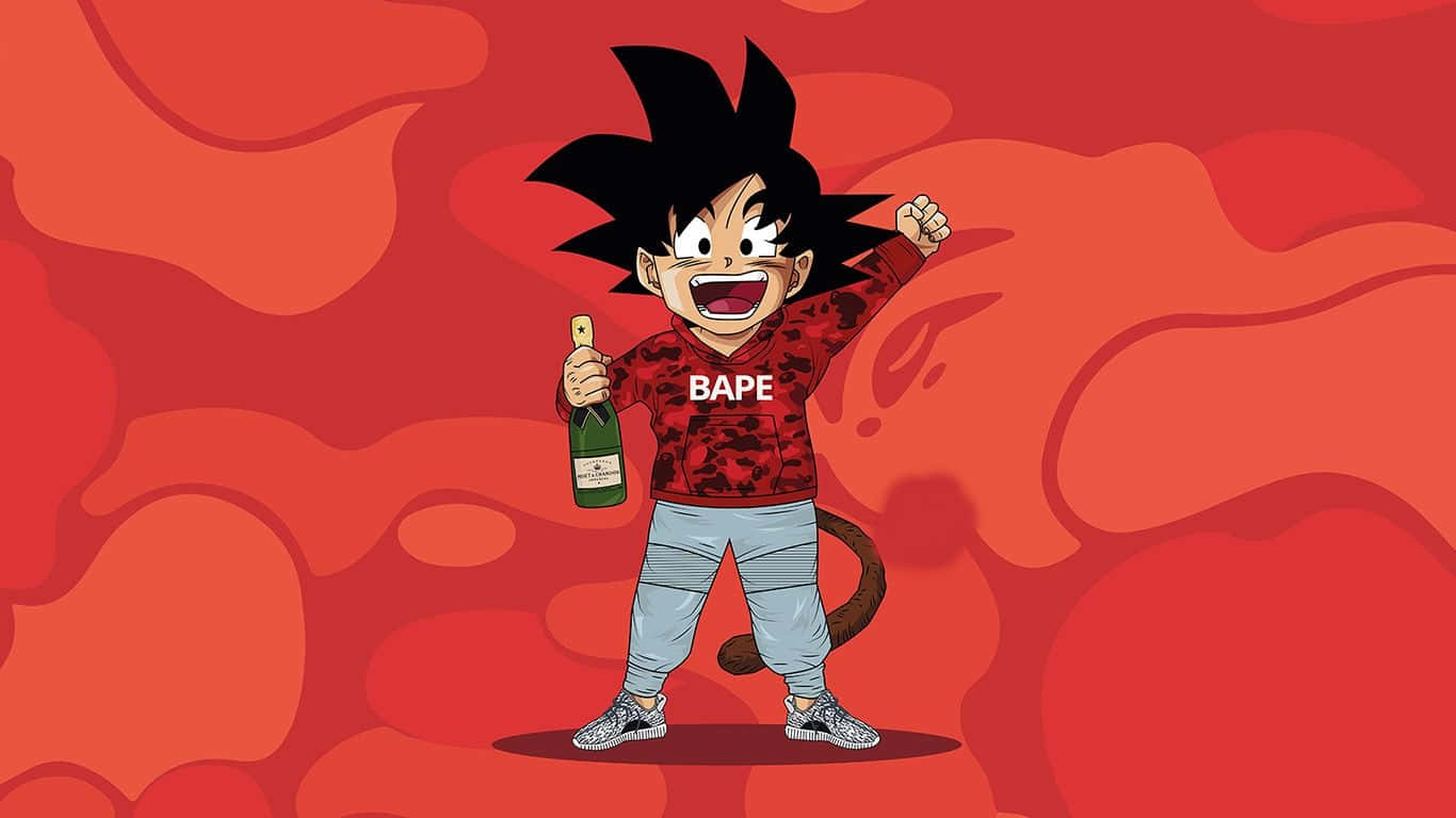 Supreme Logo 桌布 壁紙 — 一個卡通男孩，有著刺蝟般的黑色頭髮和猴子尾巴，在火紅的抽象背景前舉著香檳瓶歡呼。